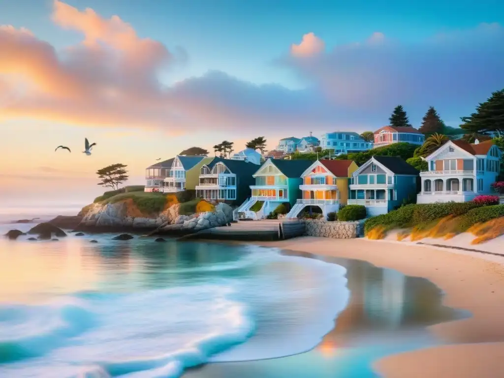 Pintura detallada de un pueblo costero al amanecer Hermoso amanecer en un pueblo costero, casas coloridas con vista al mar y personas paseando en la playa