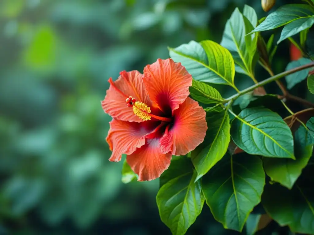 Bella hibiscus roja en la costa: detalle y belleza natural Un hibisco rojo vibrante en un exuberante paisaje tropical