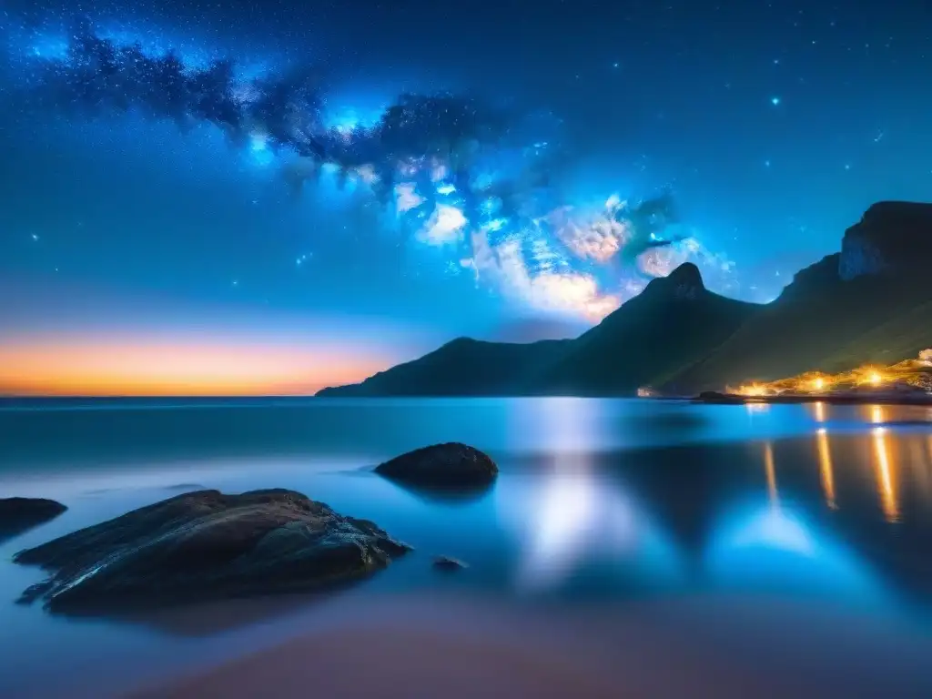 Espectacular cielo estrellado sobre costa serena Una hipnótica vista nocturna de la costa, con estrellas brillantes reflejadas en el mar tranquilo