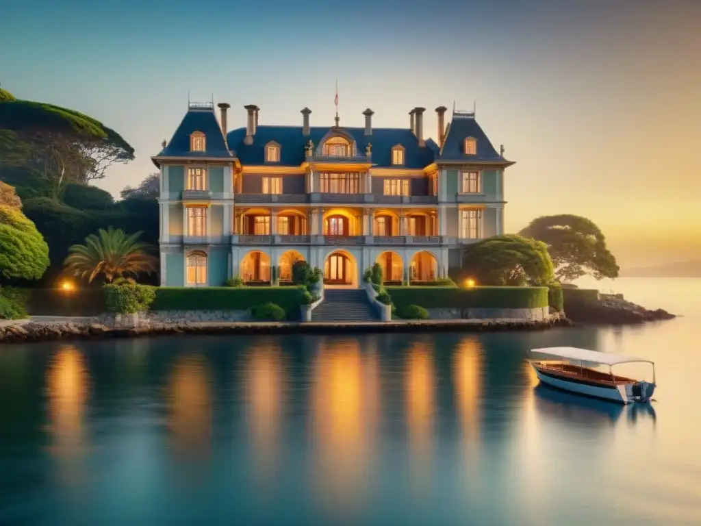 Mansión histórica frente al mar al atardecer: lujo y elegancia Casa histórica frente al mar con detalles arquitectónicos y luces doradas en la fachada