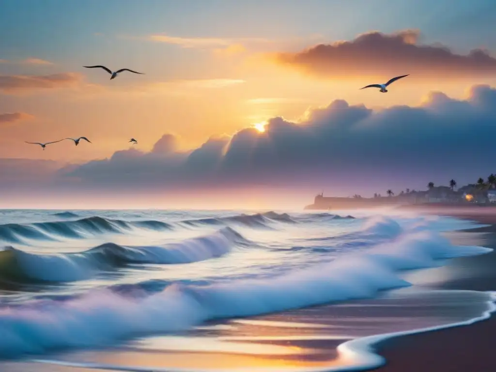 Amanecer costero: serenidad y belleza marina Mindfulness en hogar costero: Amanecer sereno en la costa con olas suaves y gaviotas volando al amanecer