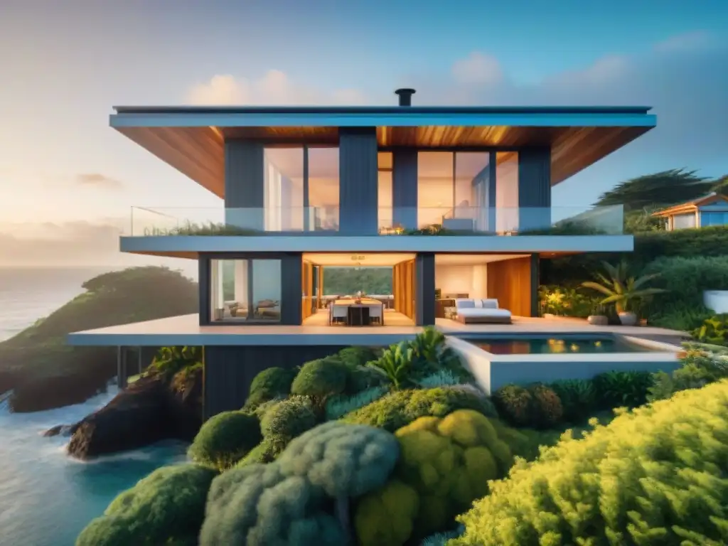 Vivienda ecofriendly: diseño sostenible frente al mar Hogar costero ecoamigable con paneles solares, rodeado de vegetación y vista al mar