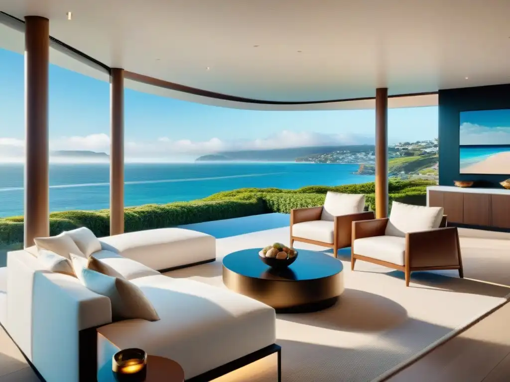 Residencia costera de lujo con tecnología inteligente integrada Un hogar costero de lujo con tecnología domótica integrada, sala moderna con vistas al mar