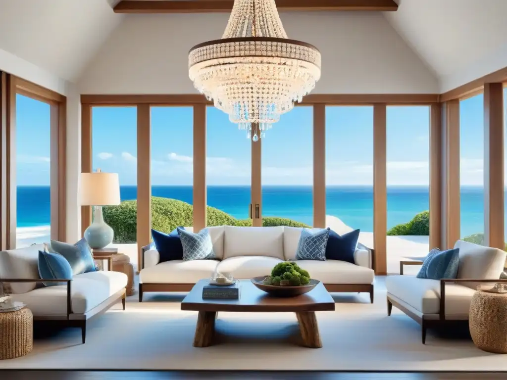 Interior costero de lujo: accesorios elegantes y sofisticados Un hogar costero lujoso con accesorios náuticos elegantes y detalles cuidados, creando un ambiente sofisticado y acogedor