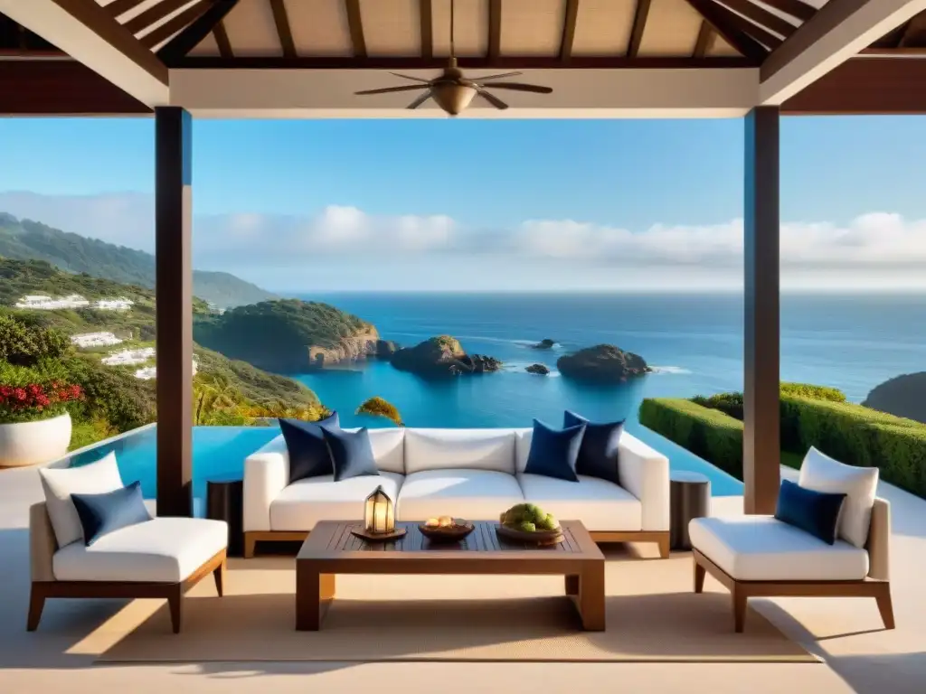 Espacio exterior de lujo frente al mar: sofisticación y relax Decoración hogar costero accesorios lujo: lujoso espacio exterior con elegante mobiliario y vista al mar