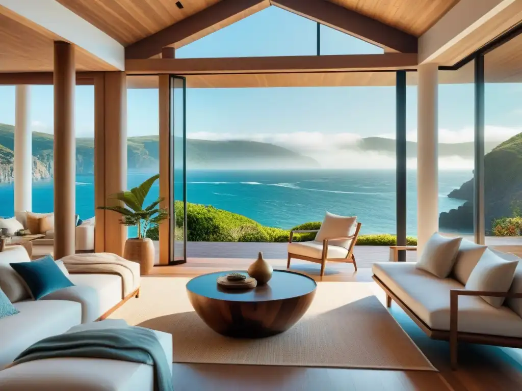 Hogar costero lujoso y sostenible con vistas al mar Un hogar costero lujoso con materiales sostenibles y diseño moderno, iluminado por vistas al mar