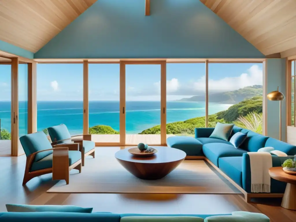 Hogar costero de lujo y sostenible con vistas al mar Un hogar costero lujoso con materiales sostenibles: suelos de madera reciclada, muebles de bambú y encimeras de vidrio reciclado, iluminado por LED