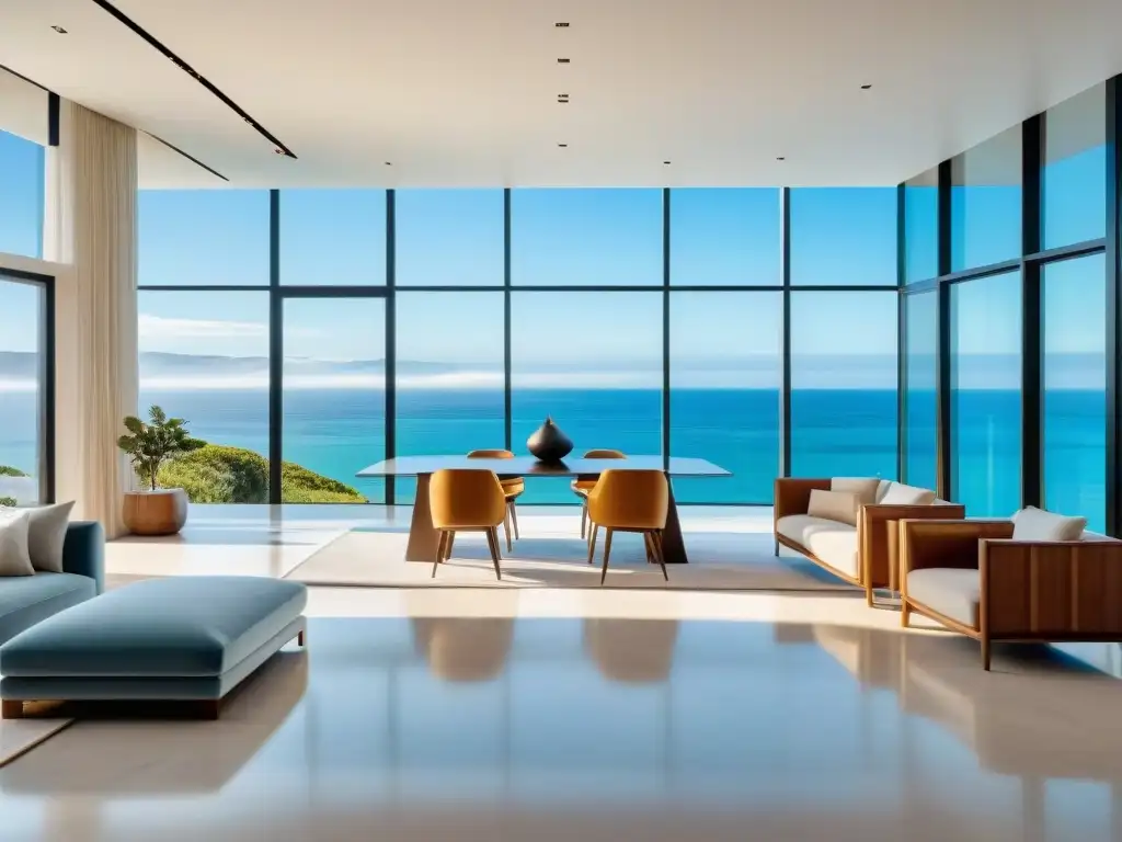 Interior lujoso frente al mar: suelos de mármol y ventanales panorámicos Un hogar costero lujoso con suelos impresionantes de alta gama, iluminado por la luz del sol con vista al mar