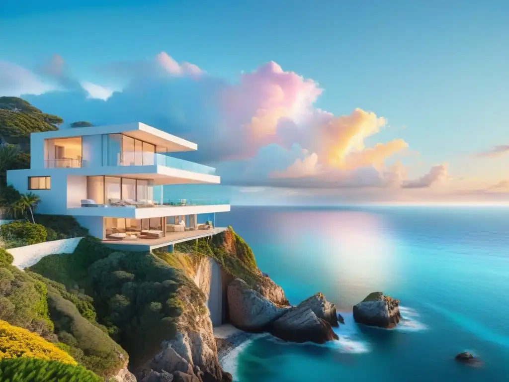 Residencia costera de diseño minimalista en acantilado Diseño 3D para hogar costero: Casa moderna en acantilado con vista al mar, ventanales y balcón, en armonía con la naturaleza