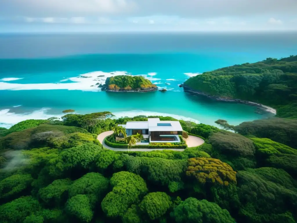 Refugio costero: armonía entre naturaleza y arquitectura Un hogar costero moderno protegido por exuberante vegetación, con amplias ventanas que ofrecen vistas al mar