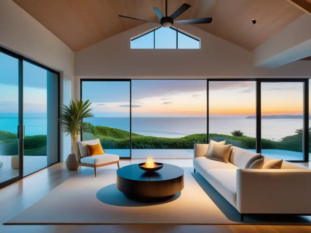 Hogar costero moderno: tecnología y naturaleza en armonía Un hogar costero moderno con sistemas de climatización integrados, fusionando tecnología y naturaleza