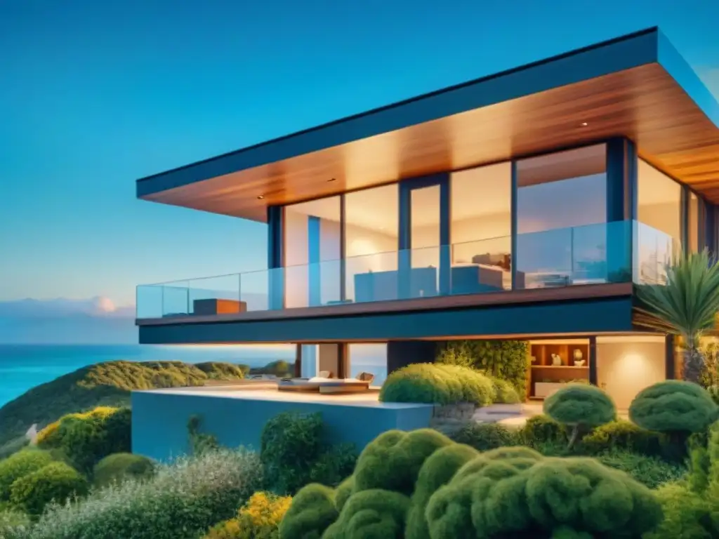 Residencia costera moderna: tecnología inteligente y naturaleza exuberante Hogar costero moderno con tecnología de seguridad integrada en entorno sereno