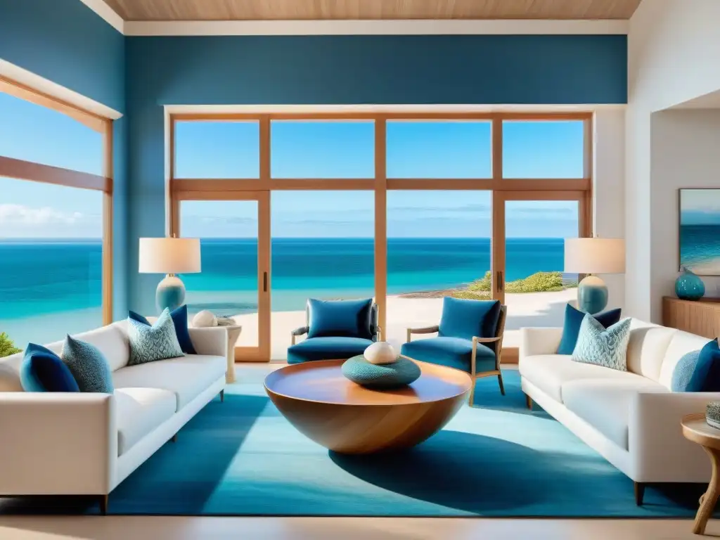 Sala costera de lujo: elegancia y tranquilidad junto al mar Decoración hogar costero accesorios lujo: Sala costera lujosa con accesorios náuticos y tonos suaves junto al mar