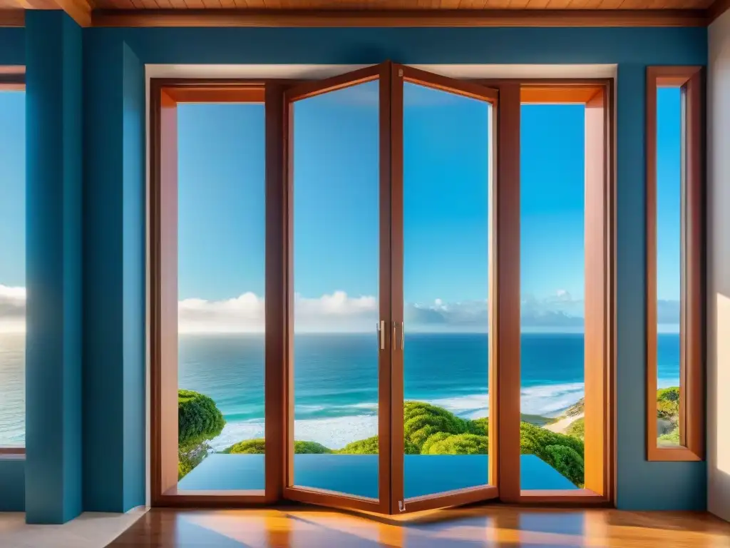 Tranquilidad costera: hogar protegido en alta resolución Un hogar costero seguro ante huracanes, con cielos despejados y el mar al fondo, transmite tranquilidad