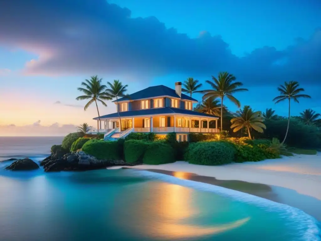 Tranquilidad costera: casa segura entre palmeras en atardecer vibrante Un hogar costero seguro y protegido entre palmeras, con vistas al mar bajo un atardecer vibrante