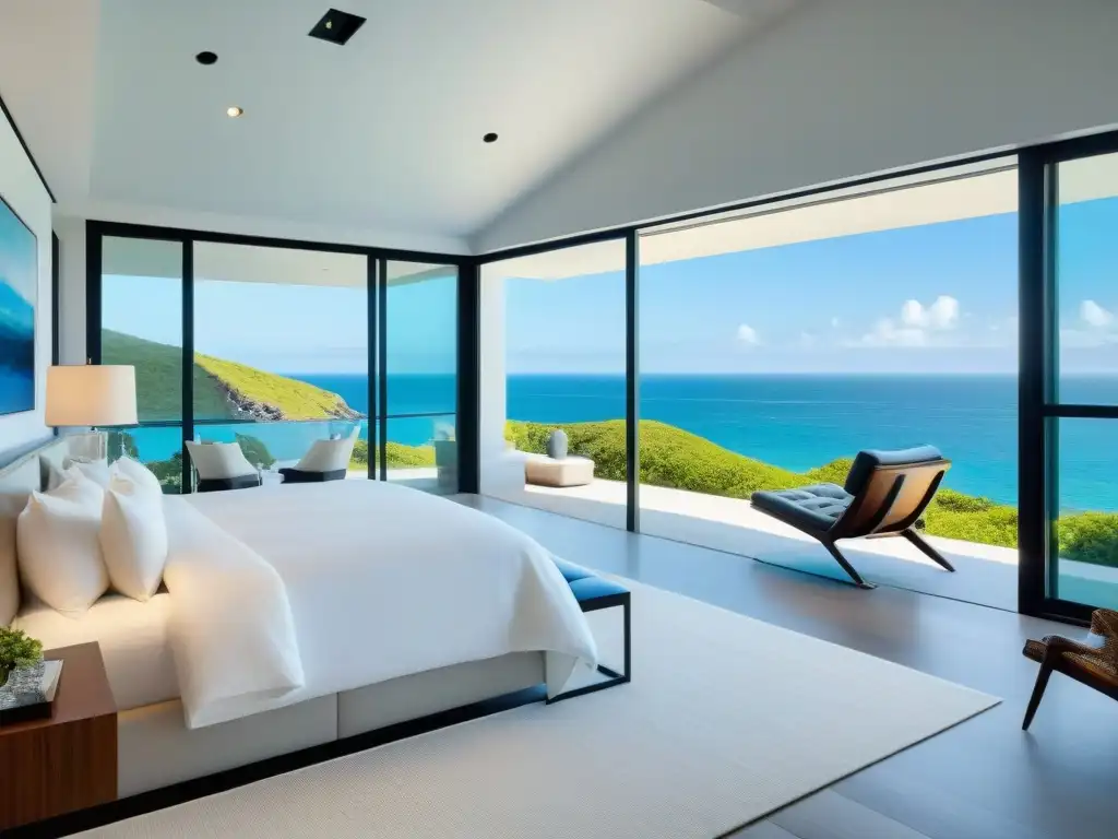 Refugio costero de lujo: hogar sereno con vista al mar Un hogar costero sereno y lujoso con vistas al mar, decorado en tonos neutros y modernos