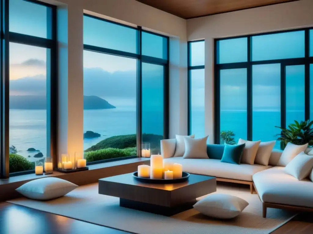Refugio costero: interior sereno con vista al mar Un hogar costero sereno con rinconcito de meditación, ventanales al mar y luz natural, ideal para practicar mindfulness en hogar costero