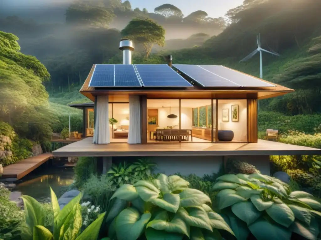 Sostenible hogar costero en armonía con la naturaleza Hogar costero sostenible rodeado de naturaleza exuberante al atardecer