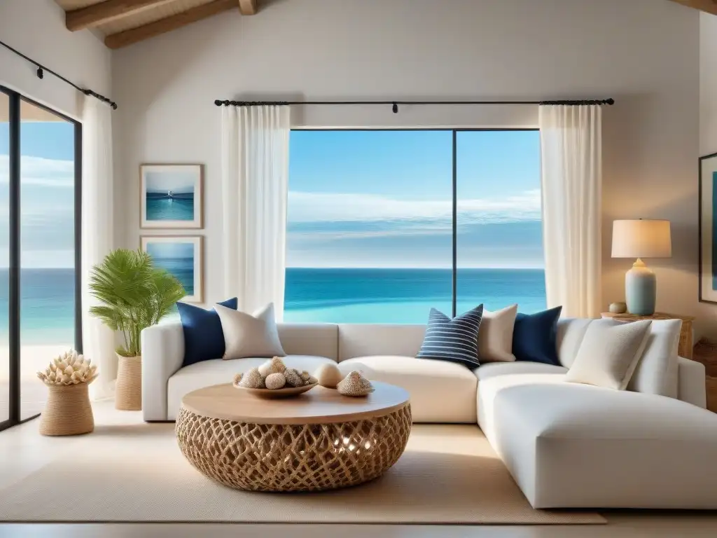 Salón costero sereno: ventana al océano Decoración hogar estilo costero: Sala de estar costera, elegante y serena con vista al mar y detalles náuticos