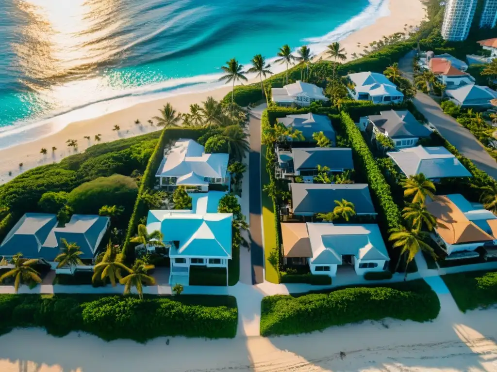 Residencial de lujo junto al mar al atardecer Hogar ideal en una comunidad costera con propiedades modernas frente a la playa, palmeras y una playa de arena