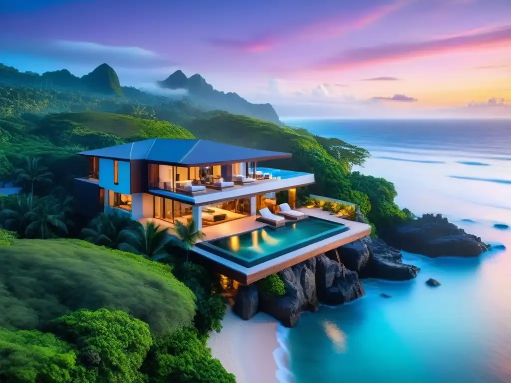 Villa de lujo frente al mar: paraísos costeros Hogar ideal en la costa: lujosa villa frente al mar con piscina infinita y vistas panorámicas al océano al atardecer