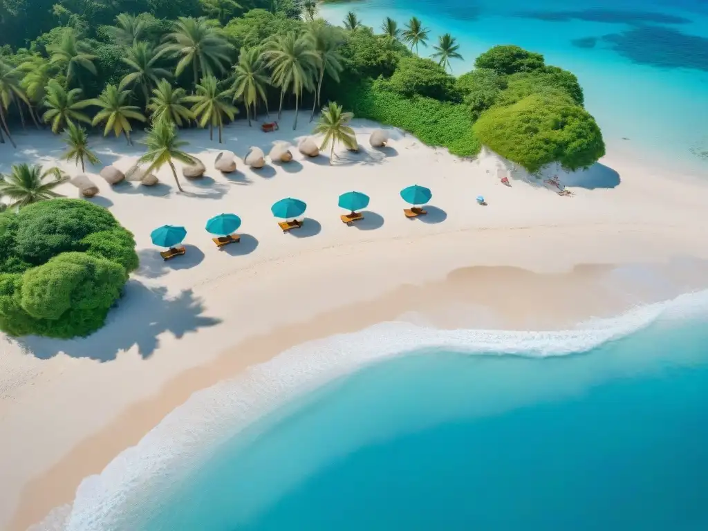 Paraíso costero: playa de arena blanca y aguas turquesas Hogar ideal en propiedades costeras: playa de arena blanca, aguas turquesas y palmeras bajo el cielo azul