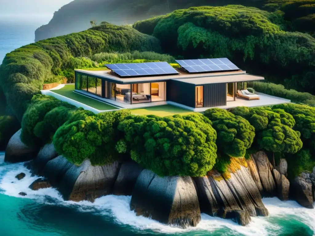 Vista aérea: Casa inteligente en la costa, integrada con la naturaleza Un hogar inteligente costero integrado a la naturaleza con domótica en viviendas costeras
