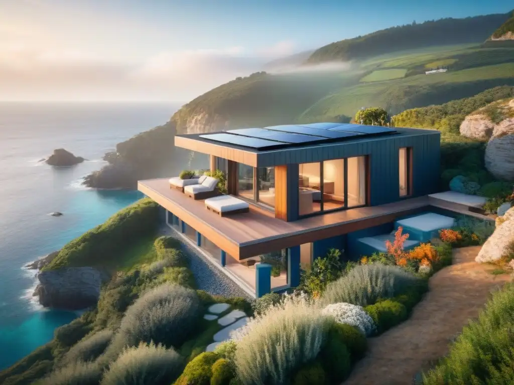 Casa pasiva eco-friendly en acantilado costero Un hogar pasivo sostenible en la costa, fusionado con la naturaleza y el mar bajo un cielo anaranjado