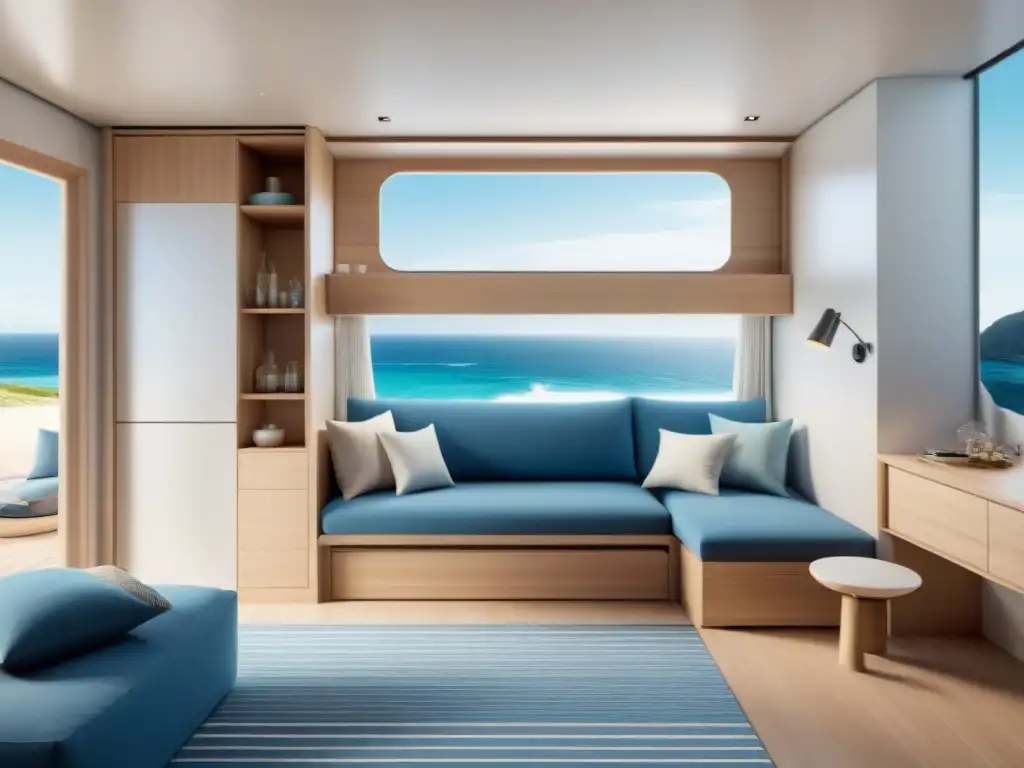 Acogedor y funcional: diseño interior de casa de playa pequeña con soluciones ingeniosas de ahorro de espacio Un hogar de playa compacto con diseño inteligente en muebles plegables y espacios multifuncionales