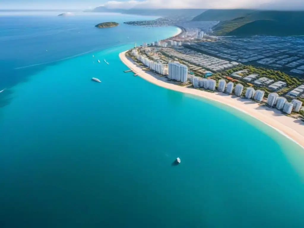 Horizonte urbano costero: lujo en cristal y mar Horizonte costero vibrante con modernos edificios altos y aguas turquesas