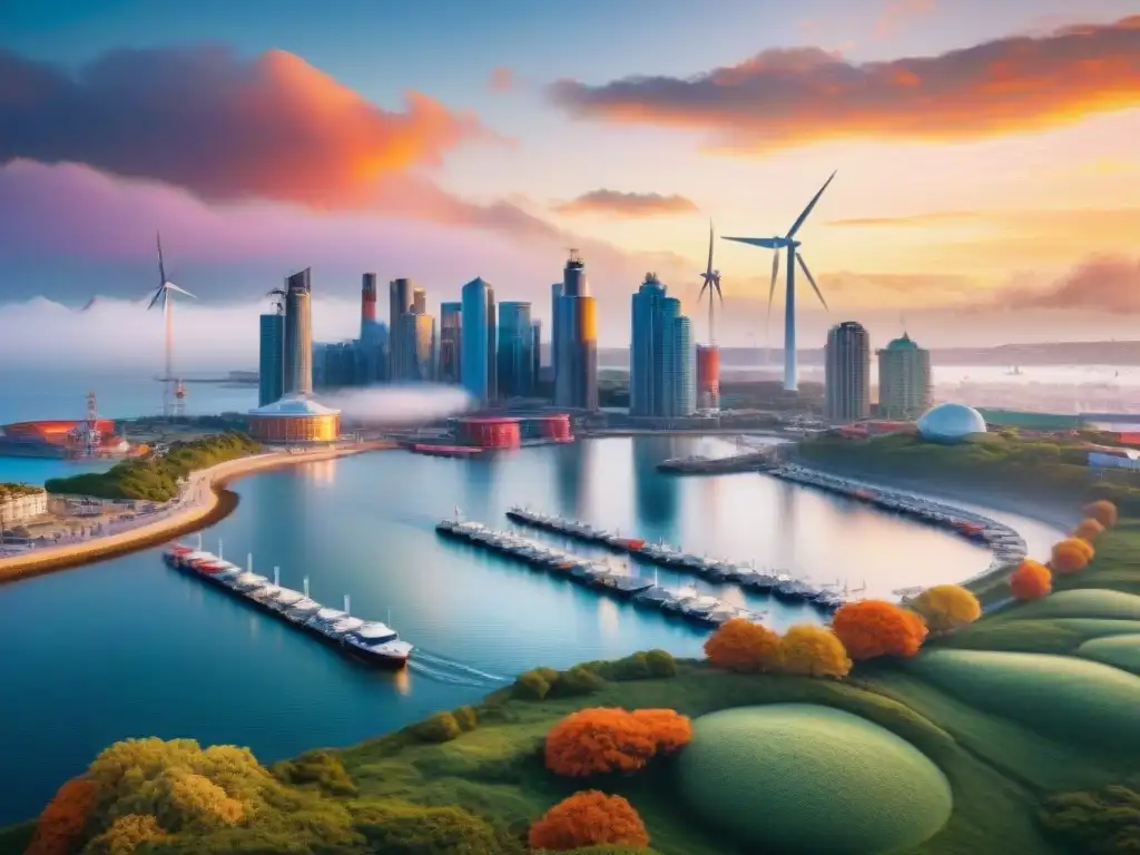 Horizonte costero sostenible al atardecer Un horizonte urbano costero vibrante al atardecer con energías renovables y transporte sostenible