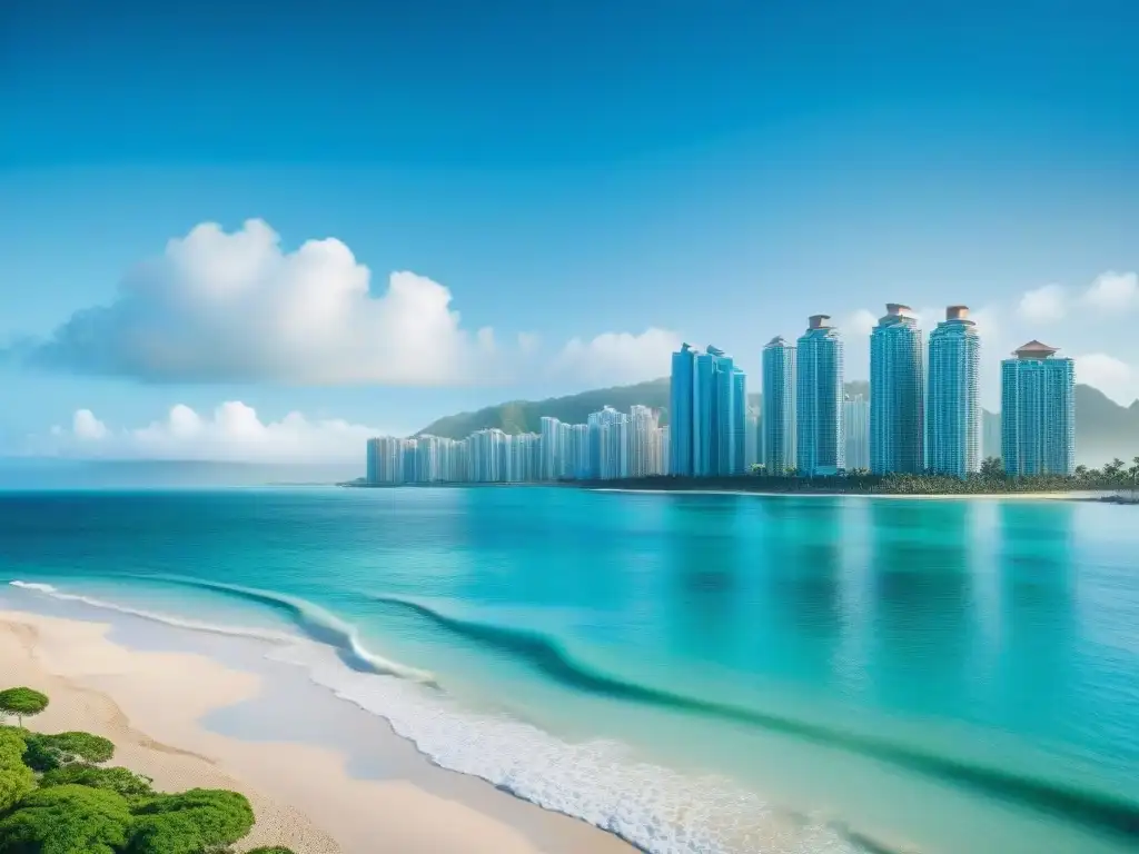 Skyline costero de lujo: Inversiones inmobiliarias prime junto al mar Horizonte urbano costero vibrante con rascacielos modernos y palmeras en la playa