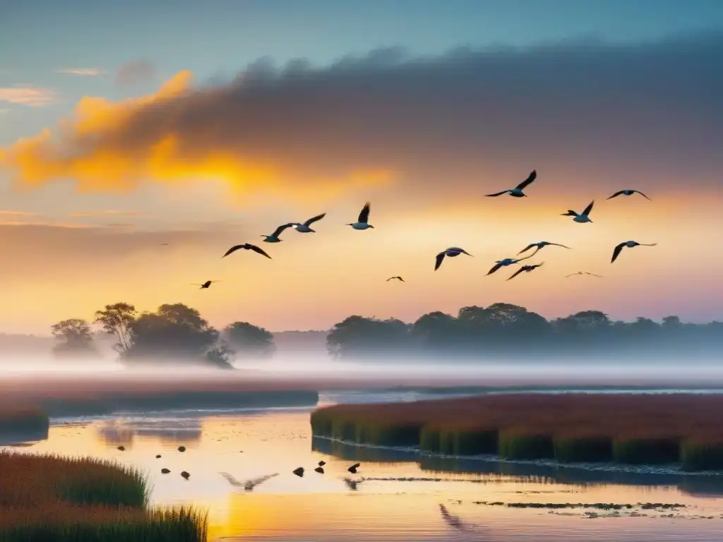 Reserva de aves al amanecer: humedal costero en alta resolución Amanecer en humedal costero con aves migratorias destacando la importancia de conservación