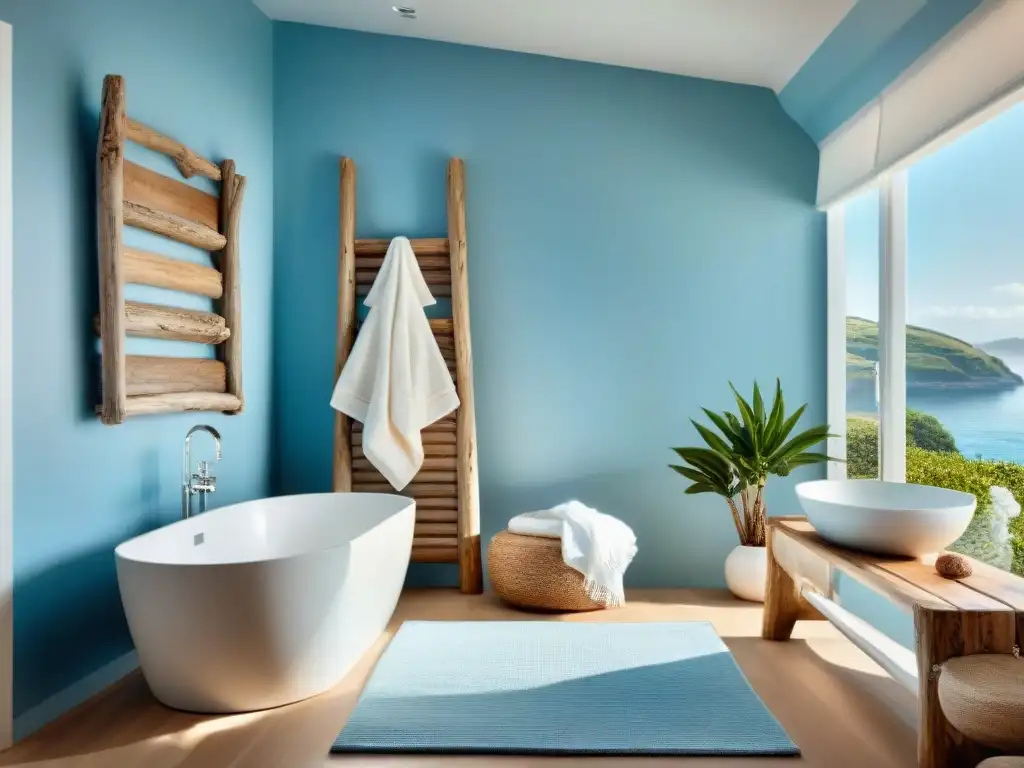 Baño costero sereno con bañera y vista al mar Idea baño estilo costero 2023: Baño costero sereno con bañera independiente y vista al mar a través de ventanales