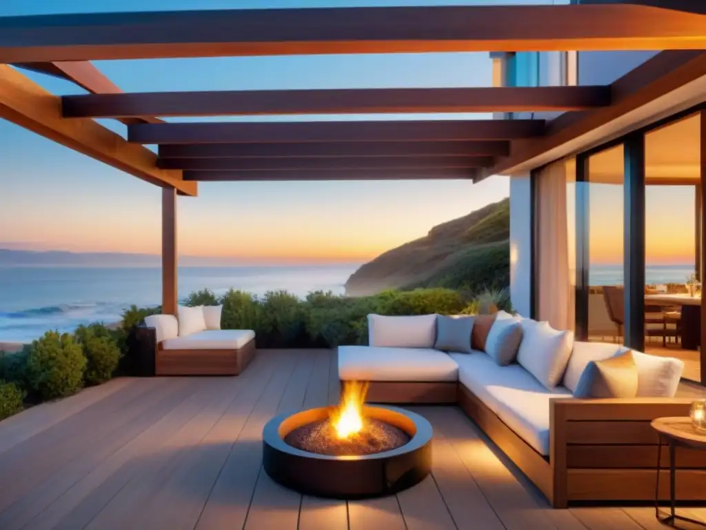 Terraza costera al atardecer: innovación y serenidad Ideas innovadoras terrazas zonas costeras: Terraza costera al atardecer con diseño sostenible y moderno mobiliario exterior