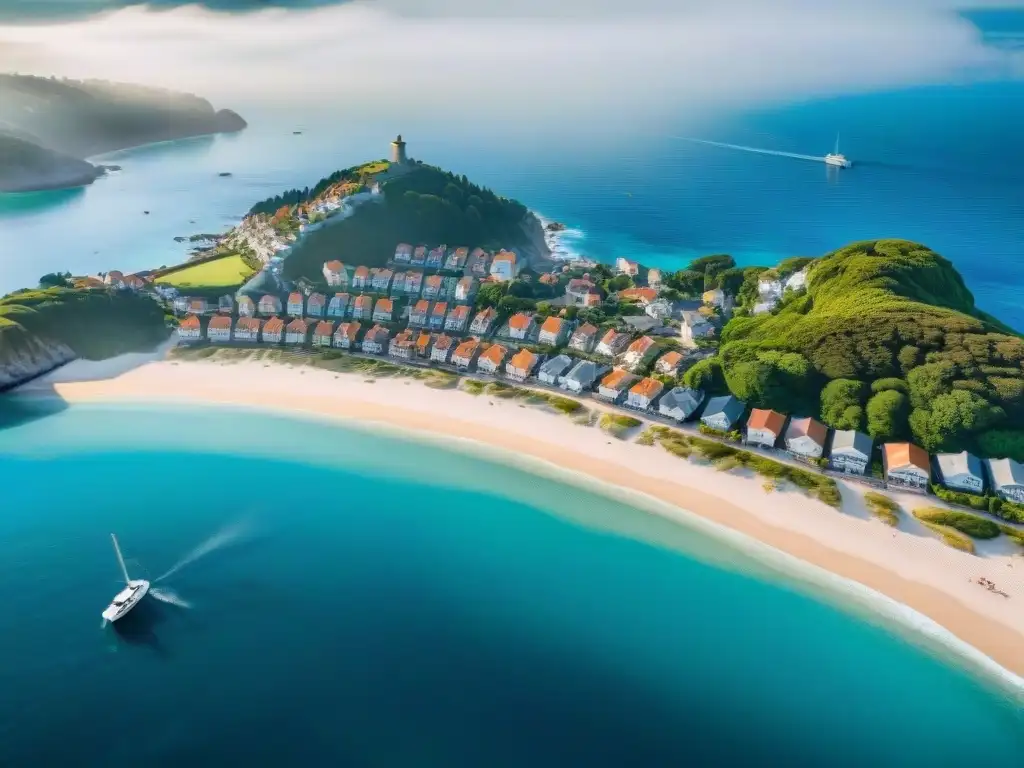 Costa paradisíaca: encanto costero con aguas azules y playas doradas Idílica ciudad costera con aguas azules, playas doradas, propiedades junto al mar y barcos navegando