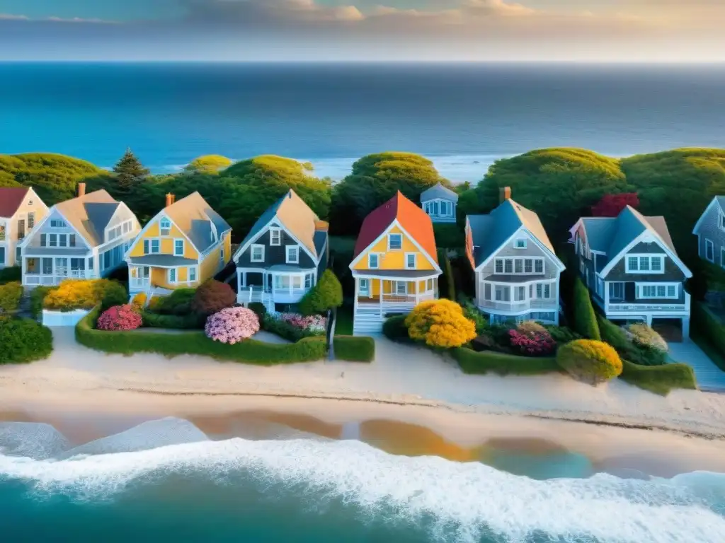 Encantadoras casas al estilo Cape Cod al atardecer en la costa Idílicas casas estilo Cape Cod junto al mar, con olas suaves y atardecer dorado