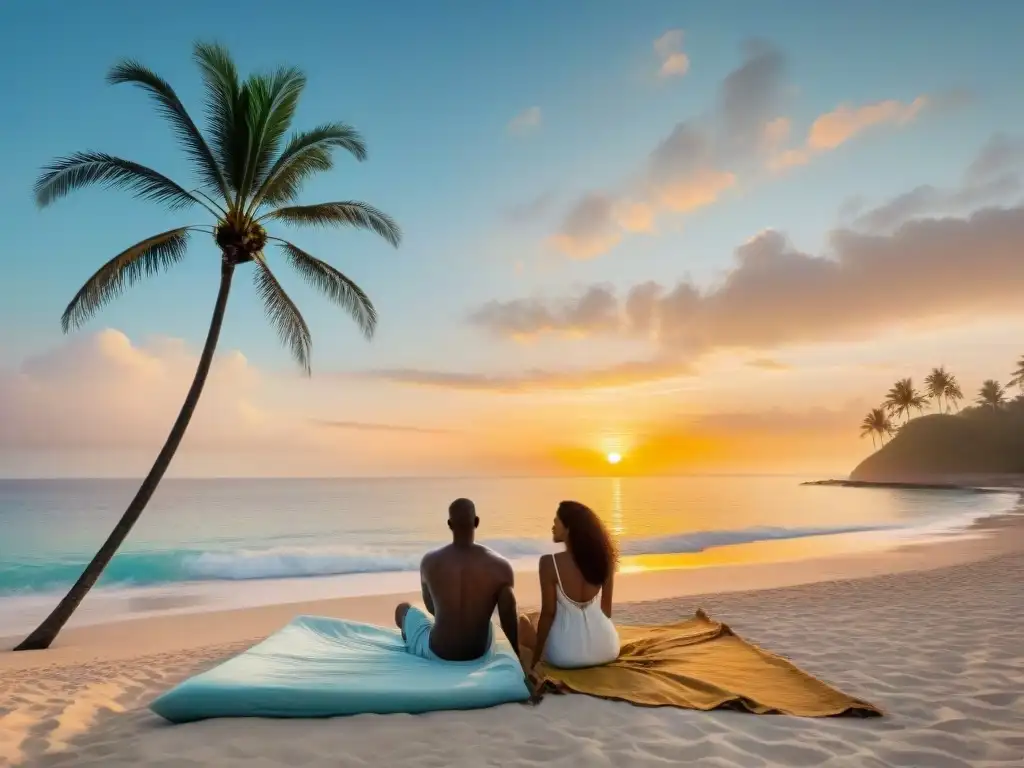 Ocaso de ensueño en la playa: pareja brinda por nuevo hogar junto al mar Un idílico atardecer en la playa con pareja brindando por la vida junto al mar con servicio de concierge