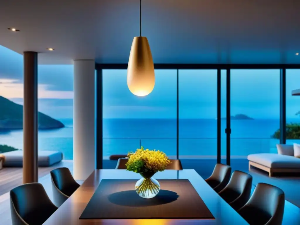 Espléndida lámpara colgante ilumina villa costera Una iluminación estratégica realza la elegancia de una villa costera