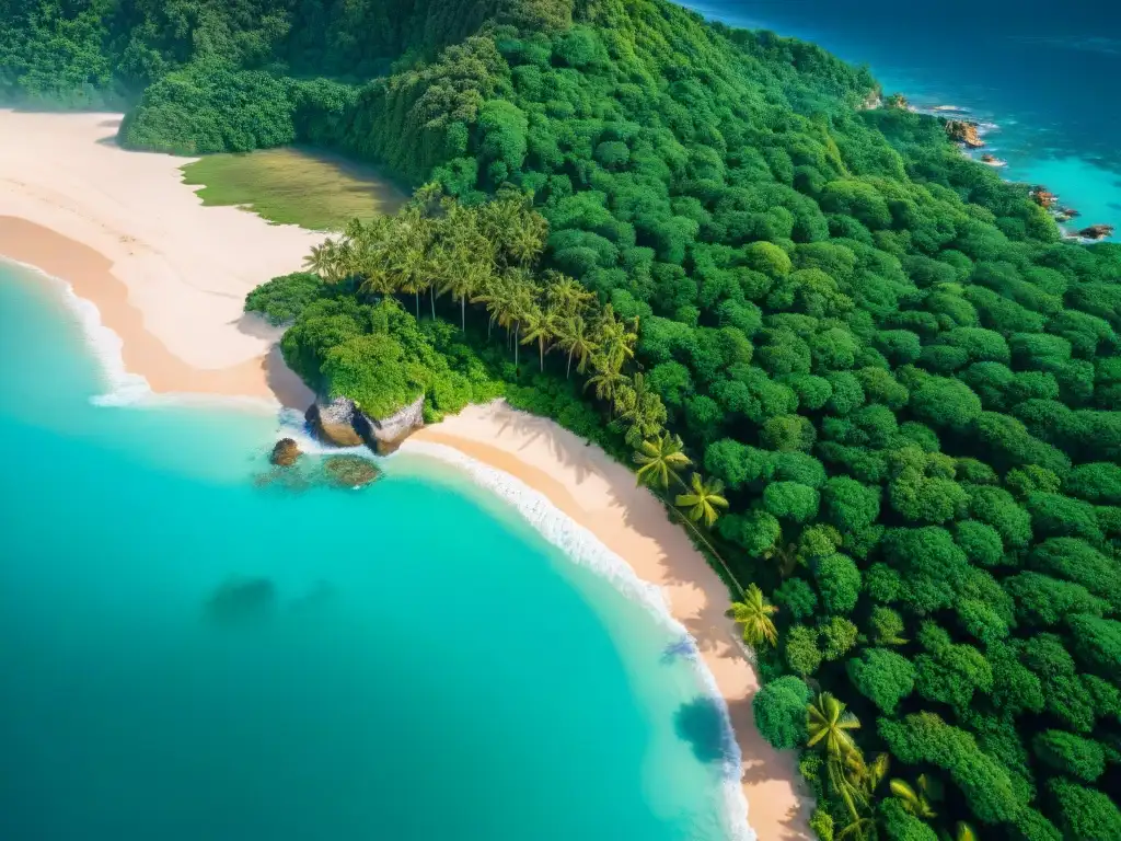 Paraíso costero: aguas turquesas, playas doradas y palmeras exuberantes Imagen aérea de costa con aguas turquesas, playas doradas y palmeras