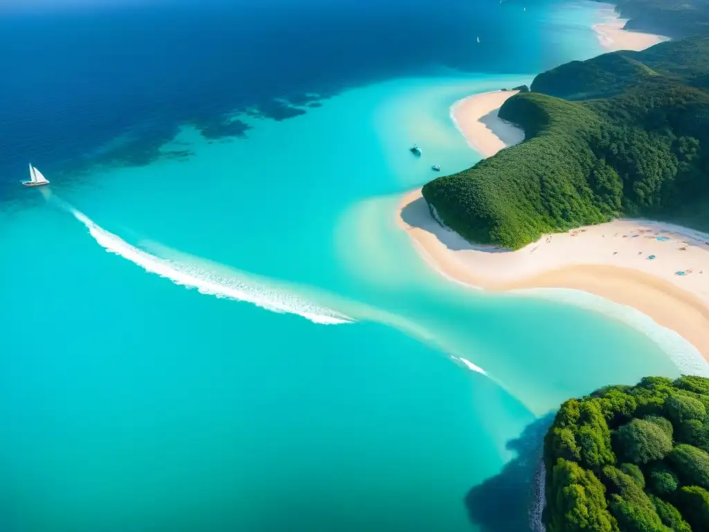 Imagen aérea de costa impresionante, aguas turquesas, playas arenosas y vegetación exuberante