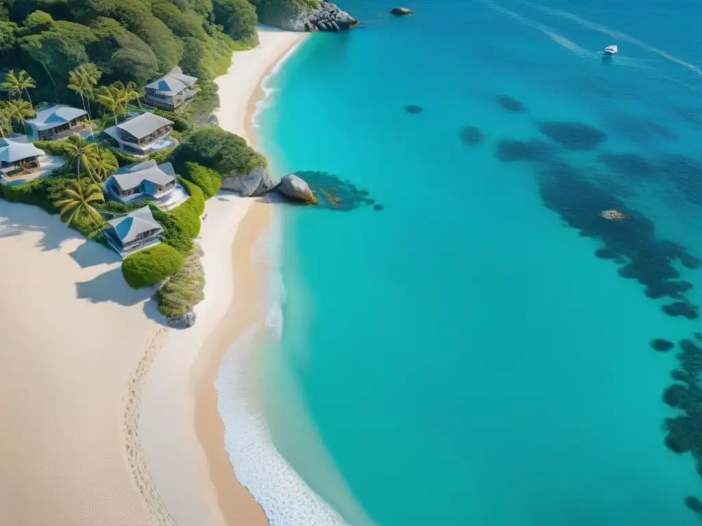 Paraíso costero: playas, aguas turquesa y lujo frente al mar Imagen aérea de costa con playas, aguas turquesas y propiedades costeras