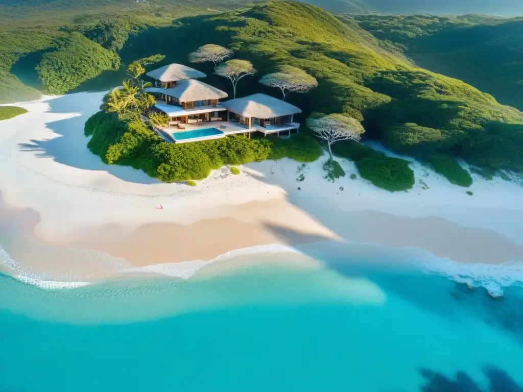 Costa paradisíaca: propiedades de lujo en playa de ensueño Imagen aérea de una costa prístina con aguas turquesas y propiedades de lujo frente al mar, ideal para los mejores propiedades costeras mundo