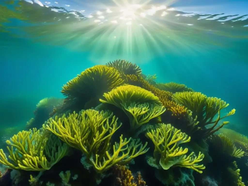 Algas marinas: belleza y vitalidad en ecosistemas costeros Imagen detallada de algas costeras en vibrante ecosistema marino