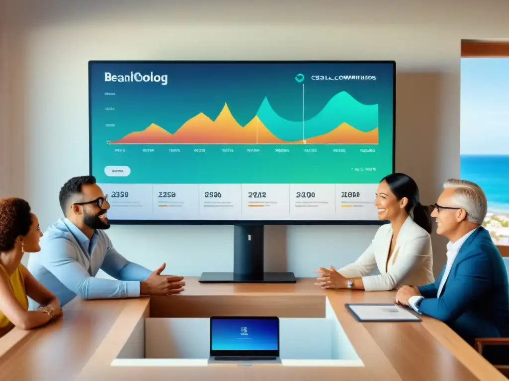 Inversores diversos analizan oportunidades en plataforma de crowdfunding inmobiliario costero Una imagen detallada de inversores diversos en una plataforma de crowdfunding inmobiliario costero, colaborando con entusiasmo