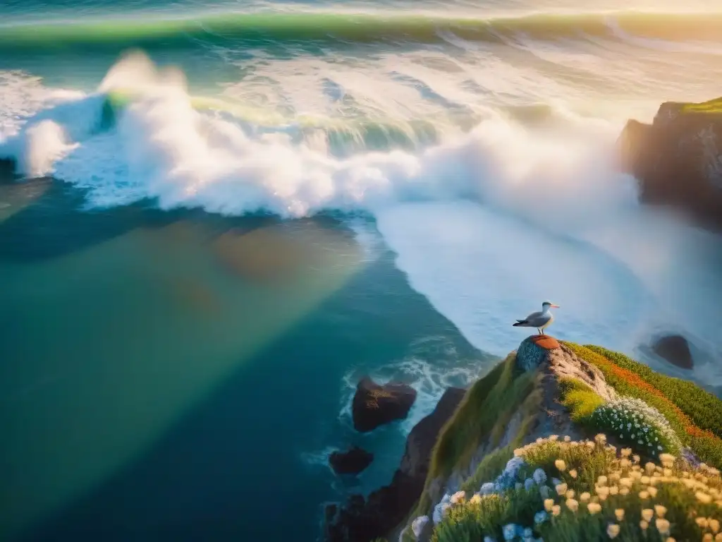 Costa serena al amanecer: vida marina en equilibrio Imagen detallada de un paisaje costero sereno al amanecer, con aves marinas y flora costera, resaltando la conservación costera responsable