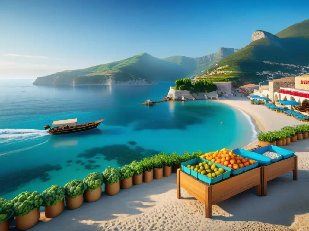Mercado costero mediterráneo: color, frescura y vida Imagen detallada de un pueblo costero mediterráneo con mercado y dieta saludable cerca del mar