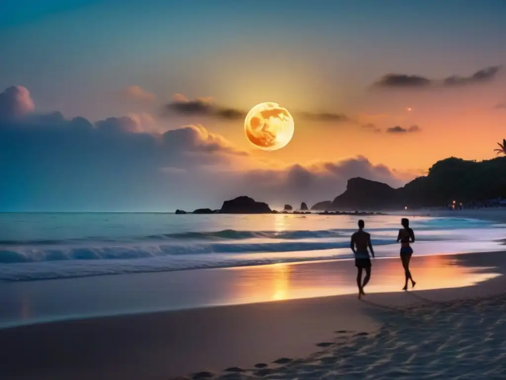Revelando la magia: Fiesta de Luna Llena en la playa Una imagen documental de una vibrante luna llena reflejada en aguas tranquilas de una playa, con fiesteros bajo el cielo iluminado por la luna