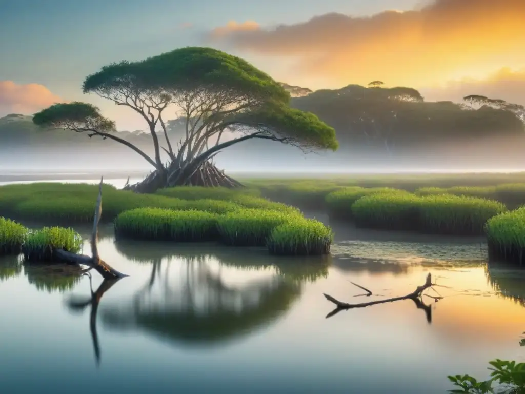 Marisma costera al amanecer: vida marina y vegetal en equilibrio Imagen de humedal costero al amanecer con gestión sostenible de recursos hídricos costeros