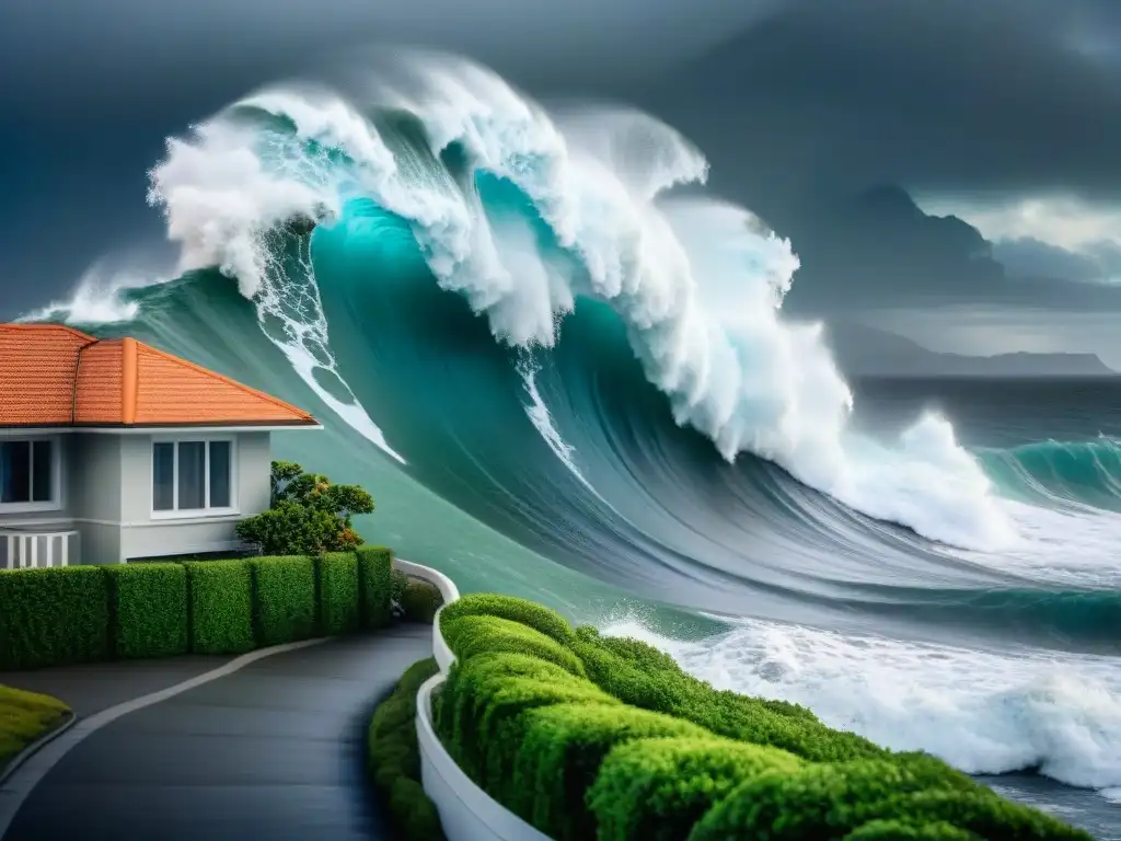 Devastador tsunami golpea casa costera: urgencia de seguro Imagen impactante de tsunami arrasando casa frente al mar, resaltando la importancia del seguro casas frente mar tsunamis